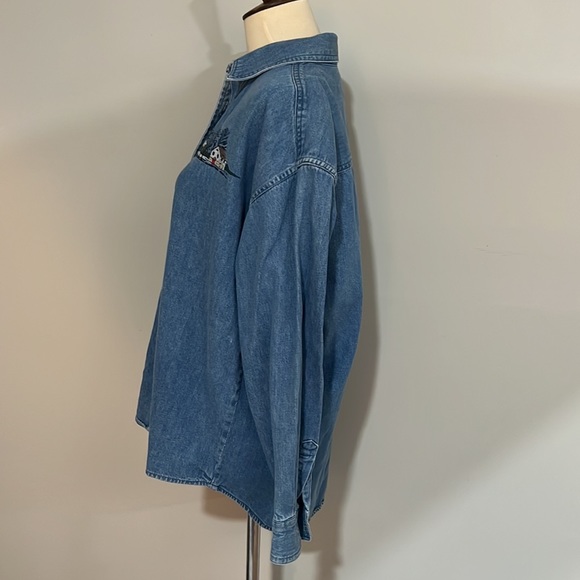 Vintage long sleeve button down embroidered denim top women’s sz M, as is - Picture 6 of 11